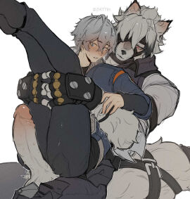 2boys absurd_res anthro anthro_on_human artist_name ass balls big_penis blue_eyes blush blushing bodily_fluids calves canid canine canis clothed clothed_male clothing duo erection fingerless_gloves fluffy_tail from_behind_position front_view fully_clothed fur furry gay genital_fluids genitals gloves grey_hair hair handwear hi_res holding_legs holding_partner huge_cock human human_on_anthro humanoid_genitalia humanoid_penis large_penis legs_held_up legs_together legs_up light-skinned_male light_skin looking_at_partner male male/male male_only multiple_boys multiple_males nervous open_mouth partially_clothed penis precum red_eyes short_hair simple_background sitting sitting_on_person straps sweat sweatdrop sweating tail teeth testicles thighs von_lycaon white_background white_body white_fur white_hair wise_(zenless_zone_zero) wolf yaoi zenless_zone_zero zirttih