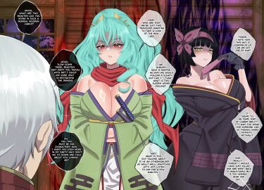 1boy 2girls bare_shoulders big_breasts black_gloves black_hair black_kimono blue_hair breasts cleavage clothed clothed_female clothed_male clothing english english_text fan female gloves green_kimono hair_ornament headband holding_fan imminent_netorare imminent_ntr katana kimono light-skinned_female light-skinned_male light_skin long_hair male medium_hair mio_(tsuki_ga_michibiku_isekai_douchuu) multiple_females multiple_girls ntryurian purple_headband red_eyes red_scarf scarf shadow_over_eyes short_hair speech_bubble text text_bubble tomoe_(tsuki_ga_michibiku_isekai_douchuu) tomoki_iwahashi tsuki_ga_michibiku_isekai_douchuu white_hair yellow_eyes