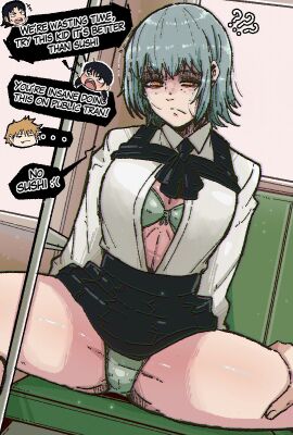 2boys 2girls black_skirt bra breasts chainsaw_man clothing death_devil_(chainsawman) denji_(chainsaw_man) dialogue english_text female female_focus grabbing_legs green_bra green_panties groping katana_man lil_d_(chainsawman) male mark_gavatino matching_underwear mitaka_asa no_sex panties sad_expression shirt short_hair skirt skirt_up solo_focus spread_legs train train_interior white_shirt wide_hips