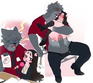 1boy 1girls absurd_res anthro axel_(canisfamelicus) balls bigger_male black_hair blush canid canine carrying carrying_partner eyeless_male female fur furry glasses grade_prostitution grey_fur grey_hair licking licking_face long_hair male nada_(nadacheruu) nadacheruulewd narrowed_eyes open_pants penetration penis pussy sitting sitting_on_chair size_difference smaller_female spank_marks spanked_butt suina sus_(pig) teacher_and_student vaginal_penetration wolf