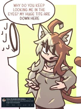 1girls aboredsnek breasts brown_hair busty cat_ears cat_girl catgirl ciblesgd dialogue female female_focus grey_hair multicolored_hair my_tits_are_down_here sweater trans_woman transfem twitter_user_oc twitter_user_sona virtual_youtuber vtuber why_do_you_keep_looking_me_in_the_eyes?_my_huge_tits_are_down_here_(meme) youtube youtuber youtuber_girl