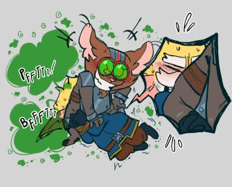 anthro armor blush bodily_fluids bondage bound close-up clothing cuff_(restraint) digital_drawing_(artwork) digital_media_(artwork) duo eyewear fart fart_cloud fart_fetish farting_on_another farting_on_face fur hair heimerdinger_(lol) league_of_legends male male/male onomatopoeia pinned questionable_consent restraints riot_games shaking smile sound_effects sweat tencent text trembling unknown_artist yordle ziggs_(lol)