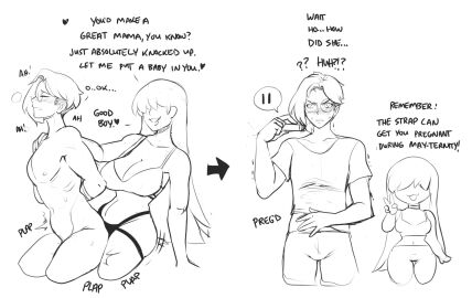 1boy 1girls big_breasts bra breasts dialogue dwps english_text female glasses hair_covering_eye hair_covering_eyes hands_behind_back hourglass_figure impregnation long_hair male male_impregnation male_pregnancy mayternity mayternity_2024 mpreg peace_sign pegging pregnancy pregnancy_test pregnant pregnant_male strap-on strapon tagme text