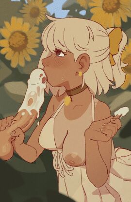 1girls choker fellatio female ice_cream_on_penis klimspree mocha_(klimspree) one_breast_out oral oral_sex penis sundress tagme tanline