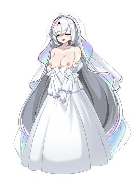 blush breasts byaguraduema closed_eyes duel_masters duel_masters_play's exposed_breasts female kanon_(duel_masters) large_breasts large_variant_set open_mouth simple_background smile variant_set wedding_dress white_background