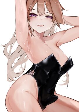 1boy absurd_res areola_slip armpits arms_behind_head brown_hair bunnysuit erection erection_under_clothes femboy hi_res long_hair male male_only partially_clothed presenting_armpit purple_eyes solo sweat thighs udonya613