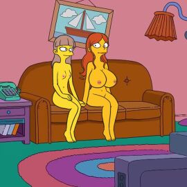 20th_century_fox 20th_century_studios accurate_art_style artstyle_imitation barefoot belly_button breasts brown_hair clara_garcia completely_nude couch couple female holding_hands huge_breasts joana_jimenez long_hair mole nairod103098 navel nipples nude nude_female sitting tagme the_simpsons yellow_body yellow_skin