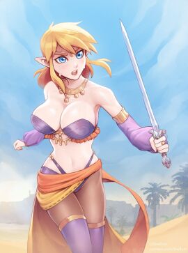 1girls alternate_costume armlet bikini blonde_hair blue_eyes blue_sky boots breasts brellom circlet cleavage cosplay day desert detached_sleeves female female_only fighting_stance freckles fully_clothed genderswap genderswap_(mtf) harem_outfit highleg highleg_bikini highres holding holding_sword holding_weapon impossible_clothes jewelry large_breasts left-handed link link_(shounen_captain) necklace nintendo open_mouth pantyhose purple_bikini purple_footwear purple_sleeves revealing_clothes ring rule_63 sarong serena_(dq11)_(cosplay) sheikah sky solo strapless strapless_bikini sweat swimsuit sword teeth the_legend_of_zelda the_legend_of_zelda:_a_link_to_the_past thigh_boots thighhighs upper_teeth weapon
