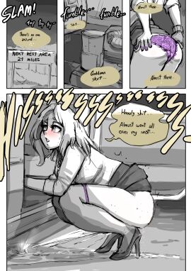 1girls 4koma biku blush breasts female heels high_heels kneeling lifted_by_self lifting_own_clothes lifting_own_skirt original original_character panty_pull panty_pulled_by_self peeing purple_nails purple_panties relief relieved short_hair skirt skirt_lift skirt_lifted skirt_lifted_by_self solo solo_female solo_focus speech_bubble squatting sweat urine