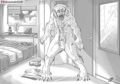 2016 4_toes 5_fingers action_figure animal_genitalia animal_penis balls bed bedroom blinds building calendar canid canine canine_genitalia canine_penis cellphone claw_growth claws computer dariuswhitefur desk detailed detailed_background dewclaw digital_drawing_(artwork) digital_media_(artwork) discarded_bottomwear discarded_shoe discarded_topwear door electronics feet feral finger_claws fingers fog full_moon fur fur_growth furniture genital_transformation genitals growth hair hair_to_fur half-erect hands_to_paws human human_to_feral inside laptop light loboleo long_hair looking_at_hands male male_only mammal mid-transformation mirror monochrome moon moonlight multi_nipple muscle_growth muscles muscular muscular_feral muscular_human mythological_canine mythological_creature mythology night nipples nude open_mouth pained_expression patreon patron penis penis_tip phone plant plant_pot poster potted_plant shaded sharp_teeth sheath shocked signature smartphone snout snout_growth solo species_transformation table tablet teeth the_dark_side_of_the_moon_(album) toe_claws toes tongue transformation wardrobe were werecanid werecanine werewolf wide_eyed window