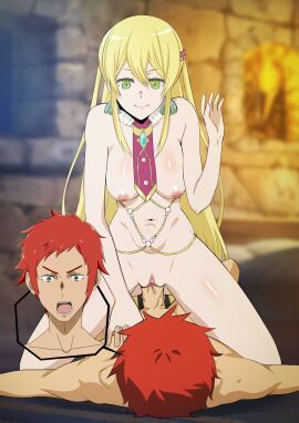 1boy 1girls aphrodite_(danmachi) blonde-haired_female blonde_hair dungeon_ni_deai_wo_motomeru_no_wa_machigatteiru_darou_ka female female_on_top hetero_sex male male/female penis pussy red_hair riding_penis sex vaginal_penetration vaginal_sex veiny_penis welf_crozzo