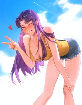 1girls 2024 2d adult adult_female big_breasts blush breasts cartoon_network cleavage clothed clothed_female clothing cloud clouds cute denim_shorts female female_only fully_clothed heart human human_female human_only legs light-skinned_female light_skin limart long_hair looking_at_viewer misato_katsuragi neon_genesis_evangelion no_sex peace_sign purple_hair realistic_breast_size realistic_proportions shorts smile smiling_at_viewer solo solo_female straight_hair tank_top thick_thighs toonami v wholesome wink winking_at_viewer