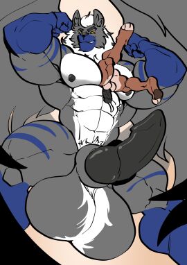 anthro balls big_balls big_penis brown_body canine canine_penis cock dick flexing furry gay grey_body growth head_tuft homosexual lagomorph male male/male male_only muscles muscular muscular_male pec_growth pec_vore pectoral_vore penis pubes pubic_hair rabbit size_difference stripes testicles trencalos vein veiny_penis wings wolf