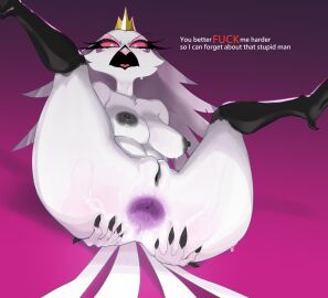 anthro anus ass avian big_anus big_breasts bird black_nipples breasts crown demon feather_hair feathers female genitals headgear helluva_boss hi_res looking_at_viewer mature_female mdthetest nipples nude nude_female owl owl_demon pink_eyes plump_labia presenting presenting_anus presenting_hindquarters pseudo_hair purple_anus pussy solo stella_(helluva_boss) tail tail_feathers tiara white_body white_feathers