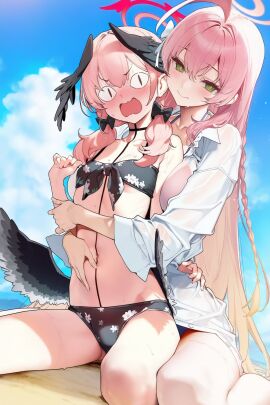 2girls ara_ara big_breasts bikini blue_archive blush breasts female hanako_(blue_archive) hanako_(swimsuit)_(blue_archive) hug hugging koharu_(blue_archive) koharu_(swimsuit)_(blue_archive) large_breasts small_breasts young yuri