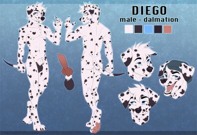 animal_genitalia anthro balls butteredshep canid canine canis clothing dalmatian domestic_dog genital_piercing genitals hat headgear headwear knot male male_only mammal model_sheet open_mouth penis piercing sheath smile solo standing