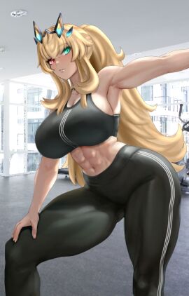barghest_(gawain)_(fate) big_breasts blonde_hair breasts fate/grand_order fate_(series) female gym gym_clothing looking_at_viewer multicolored_eyes muscular muscular_female raskasar