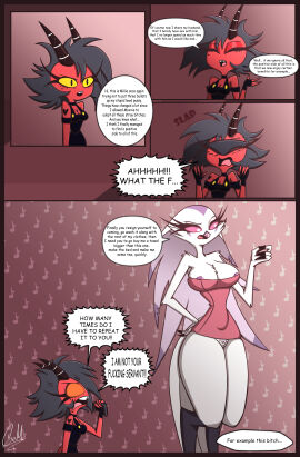 comic comic_page english_text female gatojack3 helluva_boss millie_(helluva_boss) nipples_peek pussy pussy_out stella_(helluva_boss) towel_only underwear_on_face