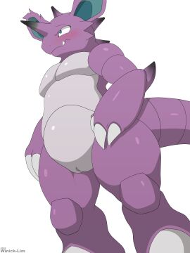 2022 3:4 absurd_res anthro blush cuntboy cuntboy_anthro femboy generation_1_pokemon genitals hi_res horn intersex male nidoking nintendo pokemon pokemon_(species) purple_body pussy rule_63 signature simple_background white_background winick-lim