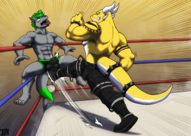4_toes abs absurd_res accessory anthro attack ballbusting balls balls_outline belt boots boxer_briefs bracelet buckle bulge cables canid canine canis chains claws clothed clothing cock_and_ball_torture cock_and_balls_torture crotch_attack crotch_kick detailed_bulge devious_grin dominant dominant_male dragon duo feet fighting_ring fluffy fluffy_tail footwear front_view fur furgonomics genital_outline genital_torture genitals gradient_background green_hair grey_body grey_fur hair hi_res horn jewelry juniorjosi kick kicking_balls male male/male mammal motion_lines muscular muscular_male mythological_creature mythological_scalie mythology open_mouth pain pants_only pecs penis penis_outline rear_view scalie simple_background spiked_bracelet spikes standing swing tail tail_accessory tail_bracelet tail_jewelry tapering_tail tattoo teeth tight_underwear toe_claws toes tongue tongue_out underwear underwear_only watermark wolf wrestling wrestling_match wrestling_outfit yellow_body