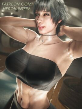 1girls 3d athletic athletic_female big_breasts breasts devil_may_cry female female_only from_front_position front_view green_eyes heterochromia lady_(devil_may_cry) light-skinned_female light_skin medium_hair muscular muscular_female nerohunter6 red_eyes toned toned_female