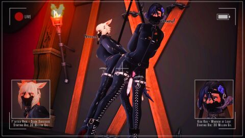 2_bodysuits 2girls angry au_ra auction ballet_boots belt_bondage bodysuit bondage camera_view female female_focus femsub final_fantasy final_fantasy_xiv gag harness_gag kisa_kha latex latex_suit looking_at_viewer miqo'te multiple_females multiple_girls muzzle_(object) muzzle_gag png pump_gag struggling tied_together vibrating vibrator xaela y'shtola