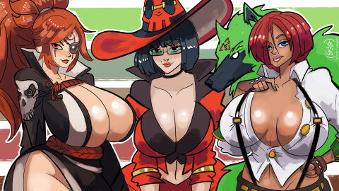 3girls ass baiken big_ass big_breasts big_butt big_lips black_hair blue_eyes brazilian brazilian_female breasts breasts_bigger_than_head breasts_squeezed_together breeches busty chocker cleavage cleavage_cutout cleavage_overflow clothed crossover curvy curvy_female curvy_figure eyepatch female female_focus female_only giovanna_(guilty_gear) glasses guilty_gear guilty_gear_strive huge_breasts i-no light-skinned_female light_skin midriff mister_feelgood mole multiple_females multiple_girls open_shirt pale-skinned_female pale_skin ponytail red_hair rockstar samurai scar shirt shirt_open skirt tanned_female tanned_skin thick_thighs thighs trio video_games voluptuous voluptuous_female wide_hips witch witch_costume witch_hat wolf