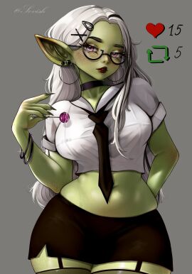 1girls 2024 2d absurd_res black_highlights blush bracelet bracelets breasts choker curvy earrings eyebrow_piercing female female_only freckles garter_straps glasses goblin goblin_female green_skin grey_background hairclip lollipop long_hair looking_at_viewer medium_breasts monster_girl necktie office_lady pink_eyes pointy_ears red_lipstick sharp_fingernails shirt skirt sleeves_rolled_up solo sovish stockings strip_game taleema_(sovish) thick_thighs twitter_strip_game_(meme) white_hair wide_hips