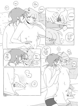 2boys ahoge artist_name balls bed bed_sheet blonde_hair blush brown_hair close-up closed_eyes comic completely_nude dialogue dyed_hair ear_piercing earrings english_text erect_nipples erection eyebrows_visible_through_hair full-face_blush greyscale half-closed_eyes hand_on_another's_arm happy_trail juliegg kiss_mark kouta_(juliegg) long_hair looking_at_another looking_at_partner looking_pleasured lying lying_on_bed lying_on_side male_nipples male_pubic_hair mischievous_smile moaning moaning_name mole mole_under_eye monochrome motion_lines nipple_pinch nipple_tweak nipples one_eye_obstructed original penis precum precum_on_penis pubic_hair romantic rui_(juliegg) screentone sideass smile sound_effects speech_bubble sweat sweatdrop teasing touching_penis trembling underwear underwear_down underwear_only visible_breath watermark white_background wholesome wrist_grab yaoi