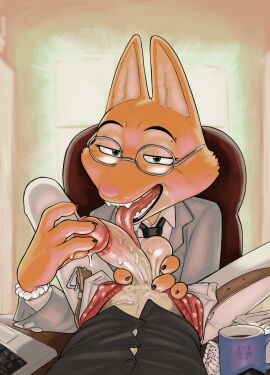 2025 absurd_res anthro artist_name balls balls_grab bodily_fluids canid canine canis canon_couple clothed clothed_female clothing desk diane_foxington digital_drawing_(artwork) digital_media_(artwork) dominant dominant_female dreamworks duo eye_contact eyewear female fox fur furniture genital_fluids genitals glasses half-closed_eyes heart_underwear hi_res l3ftbl4nk licking looking_at_another looking_at_viewer male male/female mammal mr._wolf_(the_bad_guys) narrowed_eyes office on_desk oral orange_body partially_clothed penile penis penis_grab penis_lick piercing precum rubbing_penis saliva saliva_on_balls saliva_on_penis sex shaded signature smile suit table teeth text the_bad_guys tongue underwear unzipped unzipped_pants wolf zipper