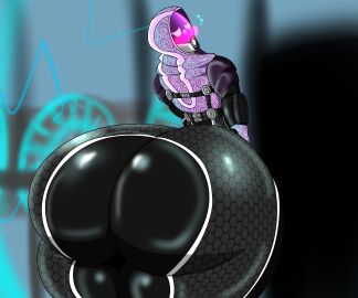 alien alien_girl ass ass_bigger_than_head ass_focus big_ass big_butt blush bodysuit clothed clothing enormous_ass enormous_butt female female_only hyper hyper_ass large_ass looking_at_viewer looking_back mask masked_female mass_effect massive_ass massive_butt quarian sharkbubble solo tali'zorah_nar_rayya thick thick_ass