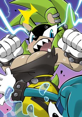 1boy 1girls big_breasts breasts breasts_out convenient_censoring electricity female furry green_fur green_hair kitsunami_the_fennec looking_at_viewer male nipple_slip pircing sega sonic_(series) sonic_the_hedgehog_(series) surge_the_tenrec tough_girl