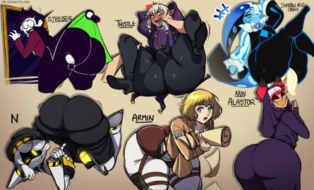 6boys alastor_(hazbin_hotel) anger_symbol angry armin_arlert ass attack_on_titan big_ass big_butt black_hair blackwhiplash blonde_hair blue_eyes blue_skin blush blushing boner bwl cookie cookie_run cookie_run_kingdom crossover delicious_in_dungeon demon dungeon_meshi fat_ass fat_butt femboy fully_clothed girly glitch_productions grabbing_ass grabbing_legs grabbing_mouth hat hazbin_hotel heel_boots heeled_boots high_heel_boots high_heels huge_ass huge_butt lifting lifting_clothing looking_at_viewer looking_back looking_back_at_viewer male male_only multiple_boys multiple_males murder_drones n_(murder_drones) paradis_military_uniform pump_(srpelo) purple_eyes red_eyes red_hair robot shadow_milk_cookie shingeki_no_kyojin skid_(srpelo) spooky_month sr_pelo streber_(spooky_month) sweat sweating tail thick_ass thick_butt thistle_(dungeon_meshi) white_hair wink winking_at_viewer yellow_eyes