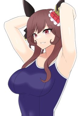 1girls animal_ears armpits arms_behind_head big_breasts breasts brown_hair busty cleavage covered_navel female female_only gentildonna_(umamusume) highres horse_ears large_breasts one-piece_swimsuit parted_lips pose posing red_eyes seductive_smile smile solo swimsuit umamusume