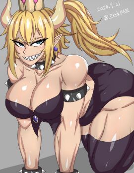 1girls ass black_stockings blonde_hair blue_eyes bowsette breasts clothed_female crown eyelashes female horns image light-skinned_female light_skin looking_at_viewer mario_(series) muscular muscular_female nintendo on_all_fours purple_ear_ring sharp_teeth slit_pupils spiked_armlets spiked_bracelets spiked_collar teeth zokusuke