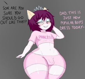 anthro blush bottom_heavy bulge clenched_teeth clothed clothing cody_(pizzakittynyan) crossdressing crown dialogue duo eyeliner eyeshadow femboy hair headgear hi_res legwear makeup male open_mouth pink_clothing pizzakittynyan simple_background small_bulge smile solo teeth text thick_thighs thigh_highs tiara topwear walking white_background white_body wide_hips