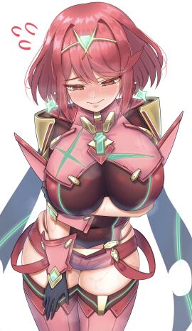 1girls black_gloves blush breasts chest_jewel core_crystal cowboy_shot earrings female gloves highres huge_breasts jewelry large_breasts meipasuye pyra red_eyes red_hair red_shorts short_hair shorts simple_background solo tiara white_background xenoblade_(series) xenoblade_chronicles_2