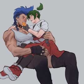 2girls bagel butch carrying carrying_partner cloth clothed clothes clothing colored_hair donut earrings eating female female_only holding junker_queen kinky_lamby kiriko_(overwatch) larger_female muscular muscular_female overwatch overwatch_2 ponytail red_eyes scars scars_all_over sitting sitting_on_lap sitting_on_person size_difference smaller_female taller_female thighhighs wholesome yuri