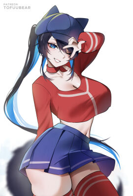 black_hair blue_eyes blue_hair blue_skirt breasts cappie_(miside) cleavage cool_mita_(miside) cool_mita_(miside)_(cosplay) cosplay female highres large_breasts long_hair long_sleeves looking_at_viewer midriff miside mita_(miside) multicolored_hair nail_polish navel one_eye_closed patreon_username pleated_skirt ponytail red_shirt red_thighhighs reiko_(tofuubear) shirt skirt smile solo thighhighs thighs tofuubear two-tone_hair v very_long_hair white_background zettai_ryouiki