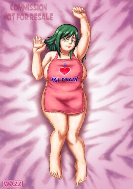 apron breasts chubby chubby_female dakimakura exposed_breasts female green_eyes green_hair inko_midoriya large_breasts laying_down laying_on_back laying_on_bed looking_at_viewer milf my_hero_academia naked_apron pink_sheets plump solo solo_female solo_focus tummy wazzaby