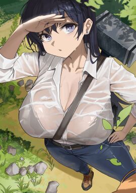 1girls absurdres ankle_boots belt black_belt black_bra black_hair blue_eyes boots bra bra_visible_through_clothes breasts brown_boots cleavage collared_shirt commentary denim earrings english_commentary female from_above fully_clothed hammer hand_on_own_hip highres huge_breasts jeans jewelry large_breasts light-skinned_female long_black_hair long_hair mutsuru_(omotta_yori) nagi_arato open_mouth outdoors pants rock ruri_no_houseki ruri_rocks see-through see-through_clothes see-through_clothing see-through_shirt shirt solo solo_female solo_focus stud_earrings sweat sweaty sweaty_body top_down_view voluptuous voluptuous_female wet wet_clothes wet_shirt white_shirt