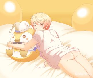 1boy amber_eyes androgynous ass ass_cheeks ass_focus bed birthday blonde_hair bootycheeks embarrassed holding_plushie hugging_plushie looking_back lying_on_bed lying_on_stomach male nefardae no_panties no_pants one_eye_closed orange_eyes pants_off plushie project_sekai shirt_only short_hair tenma_tsukasa white_bed yellow_eyes