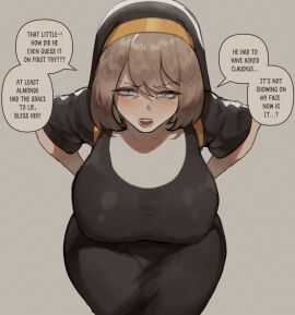 1girls arched_back big_breasts big_penis bloodlight_(nyantcha) blue_eyes blush blushing breasts brown_hair brunette_hair busty english_text female female_only huge_breasts large_breasts light-skinned_female light_skin male milf nun nun's_habit nun_hat nun_outfit open_mouth original original_character penis pov speech_bubble text thiccwithaq thick thick_thighs thighs tonia_(thiccwithaq)