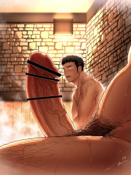 2boys adam's_apple bara beefy big_penis black_hair blush body_hair brick_wall censor_bar censored censored_penis erect_penis erection excessive_pubic_hair foreskin foreskin_folds from_below girthy_penis hairy hairy_male hairy_thighs happy_trail highres huge_cock human human_only long_penis looking_at_penis male male/male male_focus male_only male_pubic_hair masculine_male mature_male multiple_boys multiple_males muscles muscular muscular_arms muscular_male naked nude nude_male original out_of_frame_male penis penis_awe penis_focus pubic_hair sanpaku sauna short_hair sideburns sideways_glance sitting small_pupils sparse_navel_hair steam sweat sweatdrop sweating sweaty tepen_(tptptpn) thick_eyebrows thick_penis towel towel_only uncircumcised veiny_penis very_sweaty wet_towel white_towel yaoi
