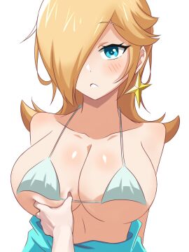 1girls arms_behind_back bare_shoulders blonde_hair blue_eyes blush breast_grab breasts collarbone deep_skin earrings female hair_over_one_eye large_breasts long_hair looking_at_viewer mario_(series) micro_bikini midriff nintendo parted_lips pov pov_hands princess_rosalina simple_background spaghetti_strap upper_body white_background white_bikini yassrosalina