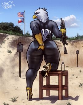 1girls 2024 accipitrid accipitriform american_flag anthro ass avian bald_eagle barely_visible_genitalia barely_visible_pussy beak big_ass big_butt bird black_body bracelet breasts clothing day digging_into_butt digging_up_in_they_ass eagle feathers feet female female_focus female_only firearm flag footwear genitals gold_high_heels gun handgun heels hi_res high_heels jewelry m16 m4 multicolored_body non-mammal_breasts nude outside pussy ranged_weapon sea_eagle signature sligarthetiger solo texas_flag thick_thighs toes united_states_of_america weapon white_body white_feathers yellow_body