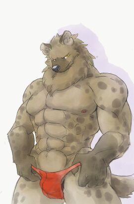 2017 abs anthro bara brown_body brown_ears brown_fur brown_spots bulge clothing digital_media_(artwork) fangs fur geppei5959 grey_nose hi_res hyena male mammal markings muscular muscular_anthro muscular_male neck_tuft nipples pecs pink_nipples portrait red_clothing red_underwear solo spots spotted_body spotted_fur spotted_hyena standing teeth three-quarter_portrait tuft underwear yaoi yellow_eyes