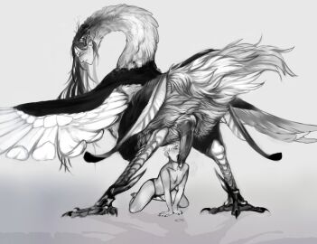 2boys all_fours animal_penis bird_boy briefs claws closed_eyes cum english_commentary erection feathered_wings fellatio fingernails full_body gradient_background grey_background human_head inmyeonjo interspecies knotted_penis licking licking_penis long_hair male male_focus male_underwear monster_boy multiple_boys multiple_males oral original parted_lips penis sharp_fingernails simple_background standing tittybat underwear wings yaoi