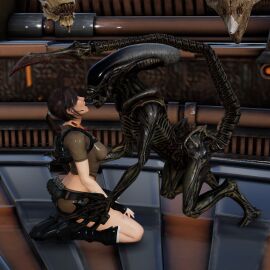 3d alien_(franchise) female interspecies kissing lara_croft lara_croft_(l.a.u.) monster monster_on_female tomb_raider tomb_raider_(l.a.u.) xenomorph