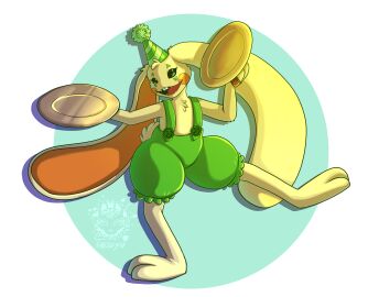 2025 3_toes absurd_res animate_inanimate anthro black_eyes bunzo_bunny button_(fastener) clothing cymbals digital_drawing_(artwork) digital_media_(artwork) facial_markings fangs feet fur fur_markings green_circle green_clothing green_hat green_headwear green_overalls hat head_markings headgear headwear hi_res holding_object lagomorph leporid living_toy looking_at_viewer male mammal markings mob_entertainment musical_instrument open_mouth orange_pawpads overalls party_hat pawpads percussion_instrument poppy_playtime rabbit scut_tail short_tail shortalls signature simple_background smile solo standing tail tasseya teeth toes url watermark white_background yellow_body yellow_fur young young_anthro young_male